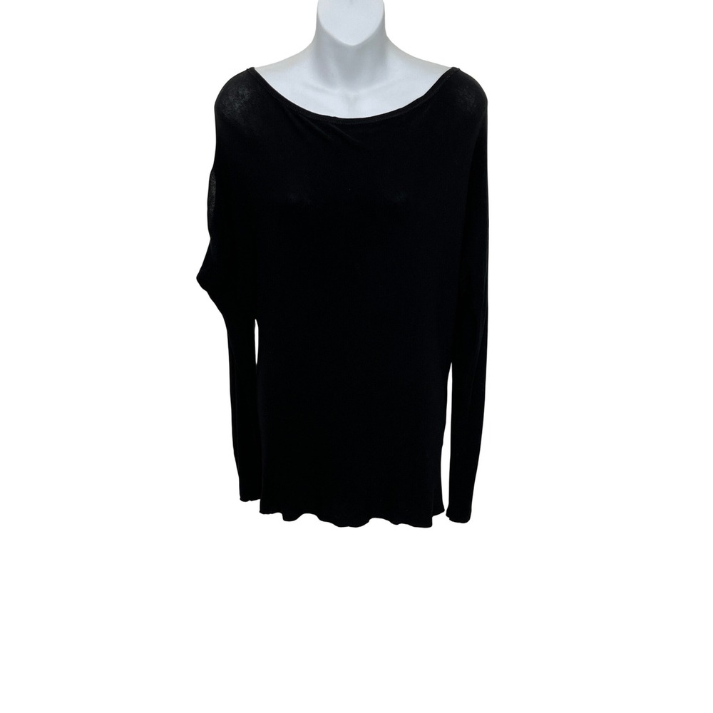 Alice + Olivia Base Top Womens XS Black Boat Neck Satin Back‎ Trim Long Sleeve